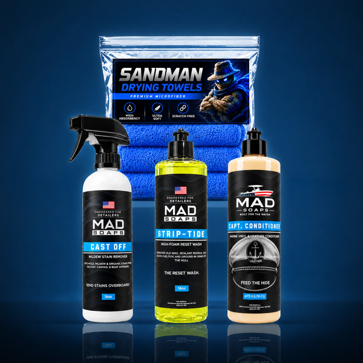 Mold Removal System: Sandman Drying Towels 3-pack with Cast Off, Strip Tide and Capt. Conditioner