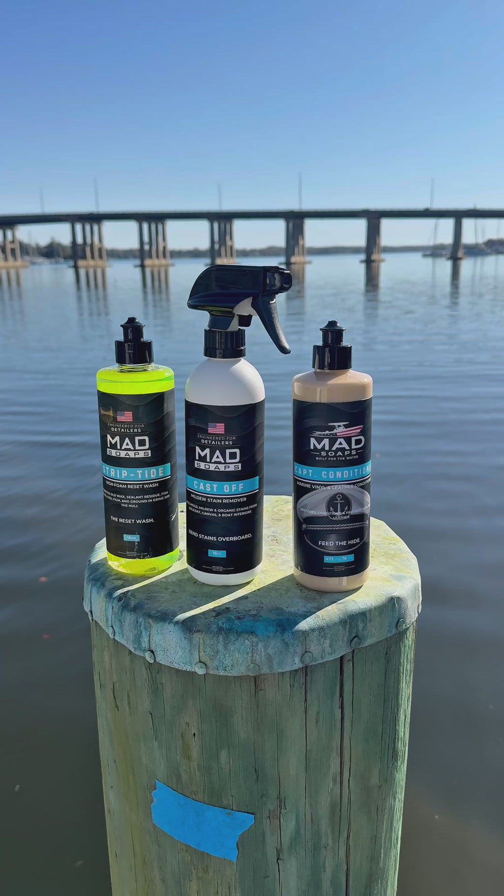 Chris from MAD Soaps removing mold and mildew stains from white boat vinyl seats with the 3-step Mold Removal System: Cast Off, Strip Tide and Capt. Conditioner.